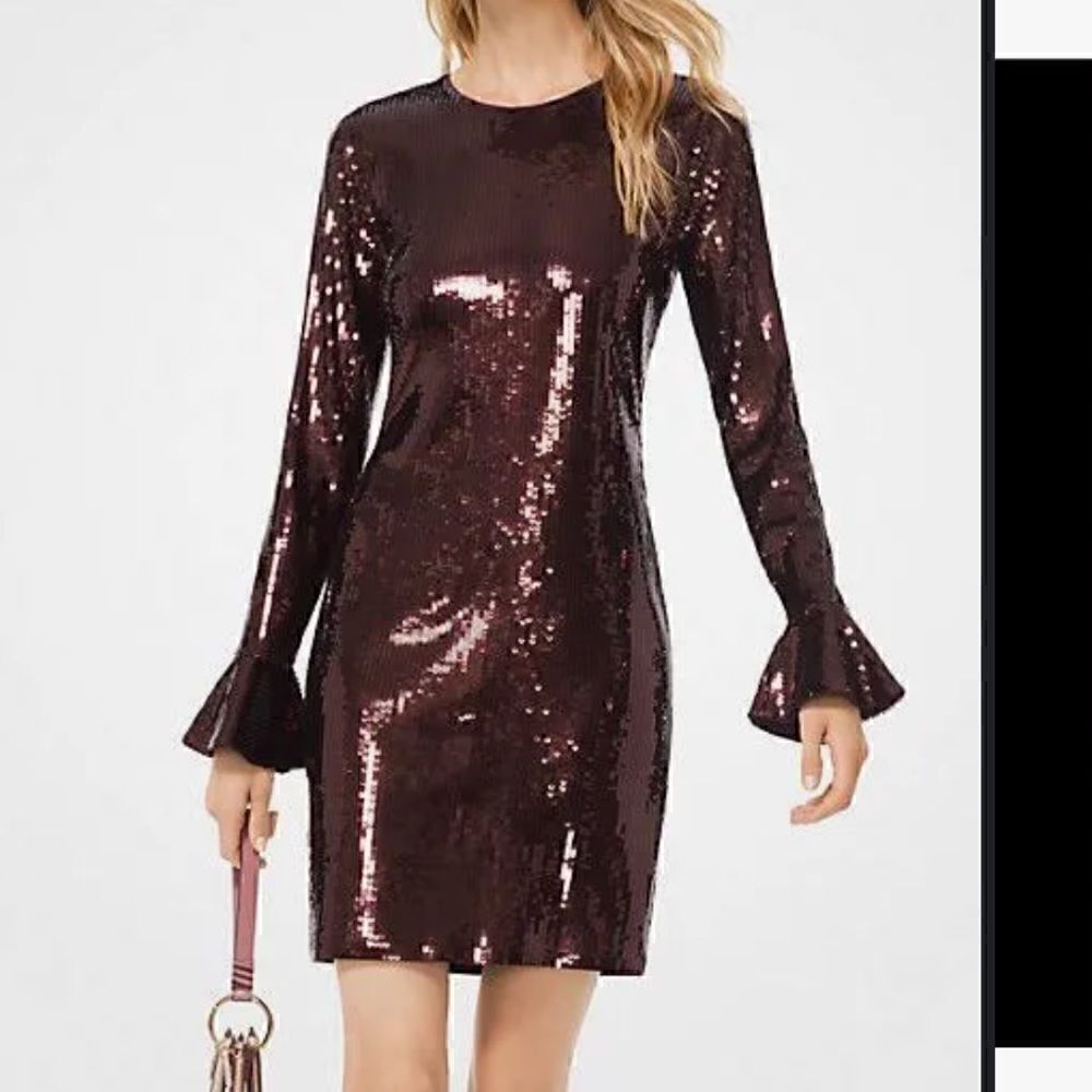 Michael Michael Kors Sequin Cordovan Long Sleeve Dress in Burgundy